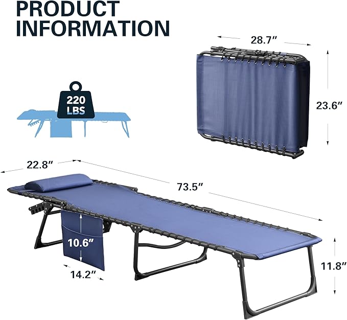 Greesum Chaise Lounge Folding Tanning Chair with 5 Position Adjustable Back, Detachable Pillow & Pocket Outside Pool, Beach, Sunbathing, Blue