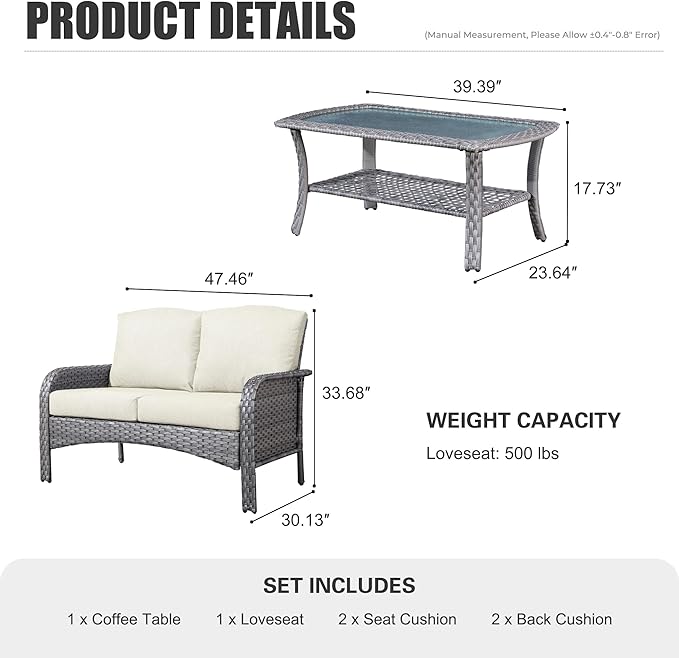 HOOOWOOO Patio Furniture Set,Outdoor High Back Loveseat Set,All Weather Wicker 2-Seater-Sofa Love Seat with Table,Beige - Photo 6