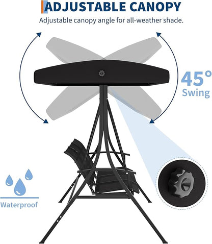 GAOMON 3-Seat Patio Swing Chair with Adjustable Canopy & Armrests, Breathable Textilene Fabric Seat & Backrest, Outdoor Porch Hanging Swing Bench for Garden, Poolside, Backyard – Black