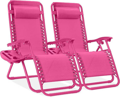 Best Choice Products Set of 2 Adjustable Steel Mesh Zero Gravity Lounge Chair Recliners w/Pillows and Cup Holder Trays - Hot Pink