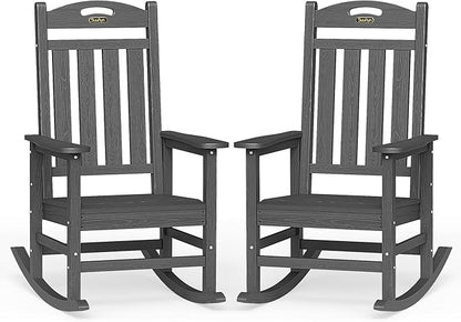 Oversized Outdoor Rocking Chairs Set of 2, High Back Porch Rocking Chair, HDPE All Weather Resistant Rocking Chairs for Patio, 380lbs Weight Capacity, Dark Grey