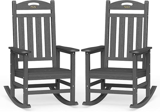 Oversized Outdoor Rocking Chairs Set of 2, High Back Porch Rocking Chair, HDPE All Weather Resistant Rocking Chairs for Patio, 380lbs Weight Capacity, Dark Grey