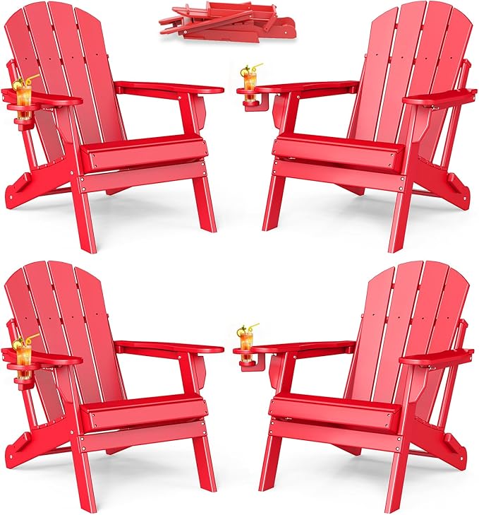 BRIOPAWS Folding-Adirondack-Chairs Set of 4 | HDPE | Fire Pit Chair | Cup Holder | Weather Resistance | Red | for Outdoor Backyard Deck Patio