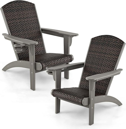 Tangkula Patio Wicker Adirondack Chair, HDPE Lounge Chair w/Rattan Padded Seat & Back, Wide Armrests & Hidden Cupholder, Outdoor All-Weather Adirondack Fire Pit Chair for Backyard, Lawn (2, Grey)
