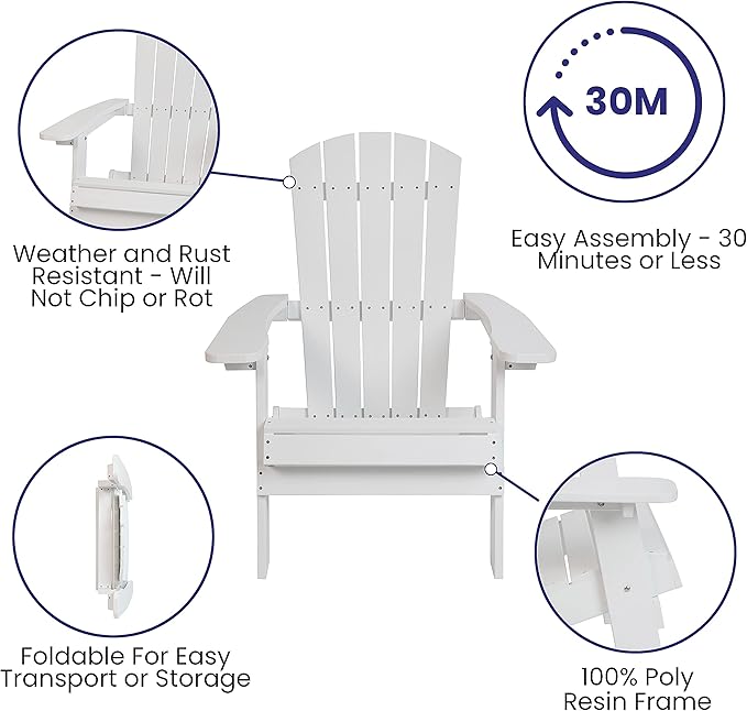 Flash Furniture Charlestown Folding Adirondack Chair - White - Poly Resin - Indoor/Outdoor - Weather Resistant - Set of 2