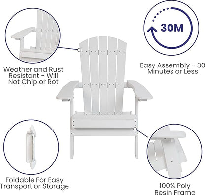 Flash Furniture Charlestown Folding Adirondack Chair - White - Poly Resin - Indoor/Outdoor - Weather Resistant - Set of 2