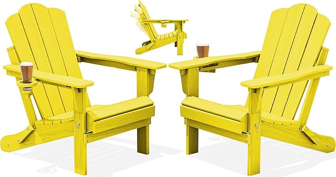 KINGYES Adjustable Folding Adirondack Chair Set of 2, 3-Position Reclining Adirondack Chairs with Cup Holder, HDPE All-Weather Oversized Adirondack for Outdoor, Patio, Backyard Deck, Fire Pit, Yellow