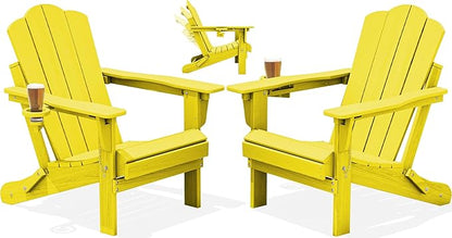 KINGYES Adjustable Folding Adirondack Chair Set of 2, 3-Position Reclining Adirondack Chairs with Cup Holder, HDPE All-Weather Oversized Adirondack for Outdoor, Patio, Backyard Deck, Fire Pit, Yellow