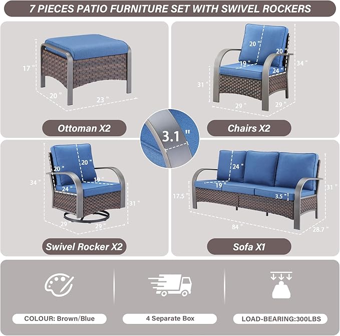 Belord Patio Conversation Sets - 7 Piece Outdoor Patio Furniture Sets with Swivel Rocker Outdoor Chairs, Wicker Couch - Photo 2