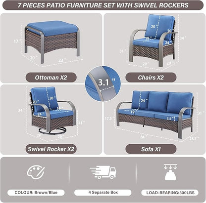Belord Patio Conversation Sets - 7 Piece Outdoor Patio Furniture Sets with Swivel Rocker Outdoor Chairs, Wicker Couch, Rattan Ottoman for Lawn Backyard Porch Garden, Brown