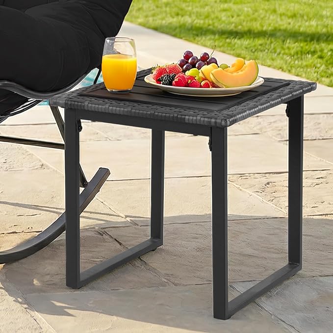 Outdoor Rocking Chairs Set of 2 with Wicker Side Table, Thick Cushioned Papasan Rocking Chairs with End Table, 3PCS Oversized Egg Chair Set for Patio, Porch, Balcony, Bedroom, Living Room, Black