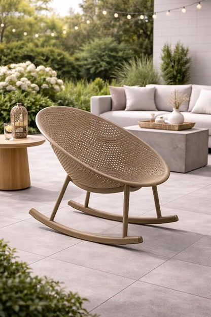 2xhome Set of 2 Patio Rocking Chairs | Oval Egg Shaped Lounge Rocker | All Weather Plastic | Modern Accent Side Chair for Indoor or Outdoor Use, Beige