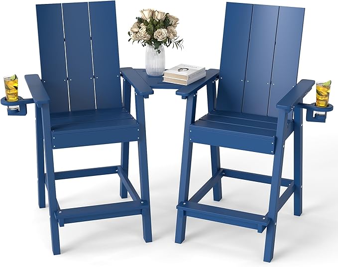 FOOWIN Tall Adirondack Chairs Set of 2,HDPE Adirondack Bar Stools with Connecting Tray & Cup Holders,Weather Resistant Balcony Chair for Outdoor Deck Lawn Pool Backyard Navy Blue