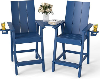 FOOWIN Tall Adirondack Chairs Set of 2,HDPE Adirondack Bar Stools with Connecting Tray & Cup Holders,Weather Resistant Balcony Chair for Outdoor Deck Lawn Pool Backyard Navy Blue