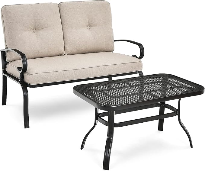 RELAX4LIFE Patio Loveseat with Coffee Table - 2-Piece Patio Conversation Sofa Set w/Backrest & Cushions, Modern Outdoor Glider Bench for Garden, Backyard, Poolside, Metal Porch Furniture (Beige)