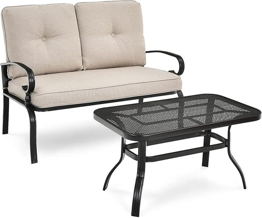 RELAX4LIFE Patio Loveseat with Coffee Table - 2-Piece Patio Conversation Sofa Set w/Backrest & Cushions, Modern Outdoor Glider Bench for Garden, Backyard, Poolside, Metal Porch Furniture (Beige)