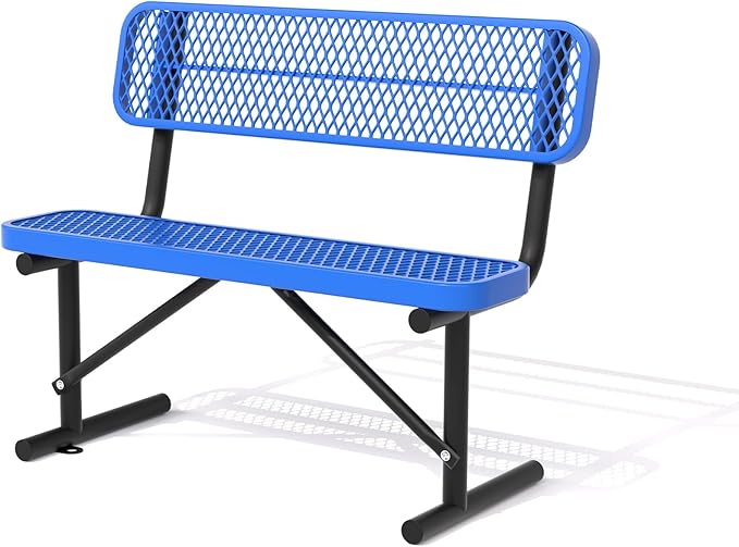 4 Ft Metal Park Bench for Outside, All-Weather Thermoplastic Coating Outdoor Bench with Backrest, Commercial Heavy Duty Benches for Shopping Malls, Stores, Parks, Patios, Decks, Blue