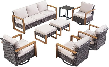 Rilyson Outdoor Wicker Patio Furniture Set - 8 Piece Patio Conversation Set with 4 Wicker Swivel Rocker Chairs,2 Rattan Ottoman 1 Side Table and 1 Couch,Thick Cushions,Deep Seating(Brown/Beige)