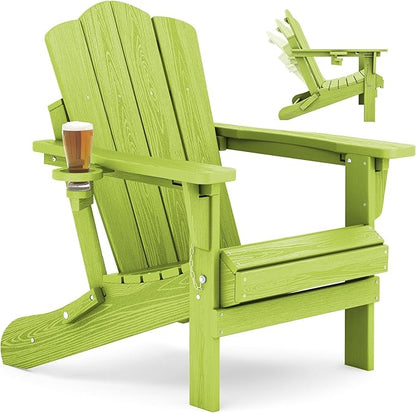 KINGYES Adjustable Folding Adirondack Chair, 3-Position Reclining Adirondack Chairs with Cup Holder, HDPE All-Weather Oversized Adirondack for Outdoor, Patio, Backyard Deck, Fire Pit, Apple Green