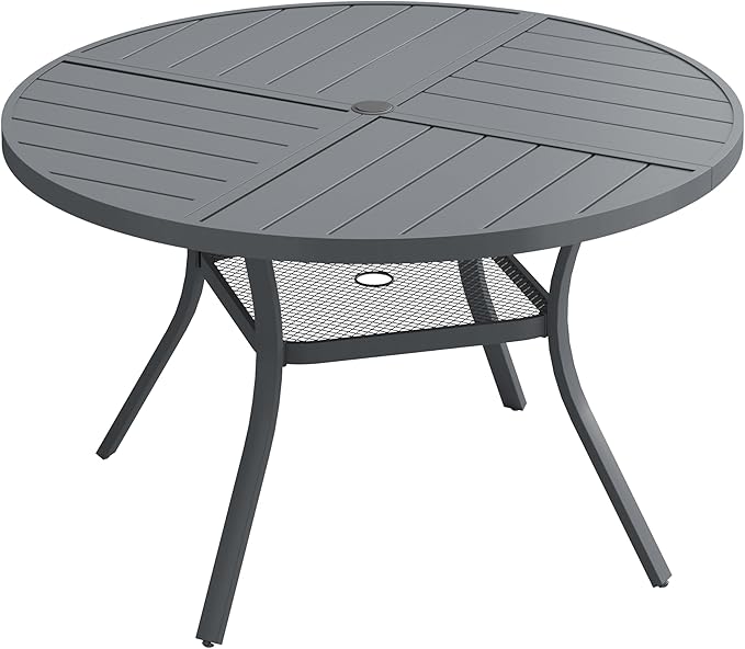VICLLAX 40.6" Round Patio Dining Table for 4, All Weather Metal Outdoor Table with 1.57" Umbrella Hole and Storage Shelf for Garden Lawn Deck, Dark Grey