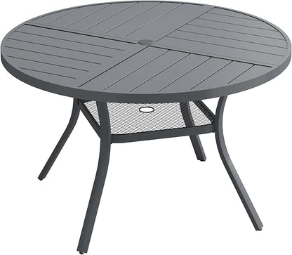 VICLLAX 40.6" Round Patio Dining Table for 4, All Weather Metal Outdoor Table with 1.57" Umbrella Hole and Storage Shelf for Garden Lawn Deck, Dark Grey