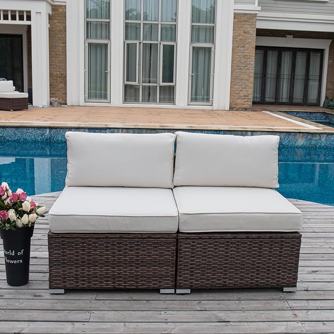 COSIEST 2-Piece Outdoor Furniture Add-on Armless Chairs for Expanding Wicker Sectional Sofa Set w Off White Thick - Photo 3