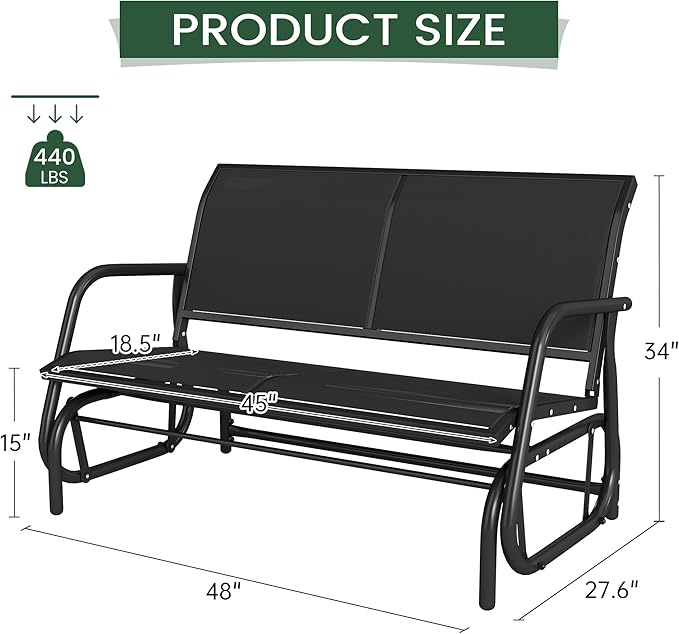 Patio Outdoor Glider Bench, High Backrest and Breathable Mesh Fabric, Yard Porch Loveseat, Outside Rocking Swing Chair - Photo 3
