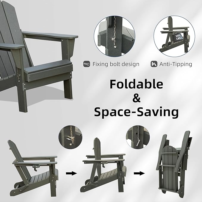 Domi Folding Adirondack Chairs Set of 2, HDPE All-Weather Outdoor Chairs with Cup Holder, Wooden Textured Fire Pit Chairs for Backyard, Patio, Poolside & Deck, Grey