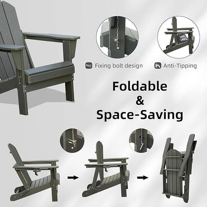 Domi Folding Adirondack Chairs Set of 4, HDPE All-Weather Outdoor Chairs with Cup Holder, Wooden Textured Fire Pit Chairs for Backyard, Patio, Poolside & Deck, Grey