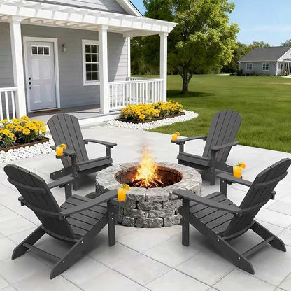 YEFU Adirondack Chairs Set of 4 for Outdoor: Zero Gravity Fire Pit Chairs Plastic with Cup Holders - Sturdy All-Weather HIPS with Wood Texture for Patio Backyard Lawn - Easy Assembly(Dark Grey)