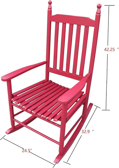Wood Rocking Chair with High Back and Armrest for Indoor Outdoor Use, Wooden Frame Patio Porch Rocking Chair with Rocker, Front Porch Chairs for Deck Garden Lawn Balcony Backyard, Red