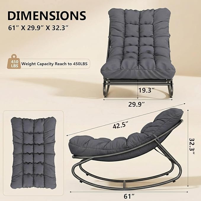 GarveeHome Wicker Rocking Chair, Papasan Egg Rocker with Iron Frame & Thick Cushion, Adjustable Rocking Range & Fixed Rope, 450 lbs Capacity Indoor/Outdoor for Porch, Garden, Grey