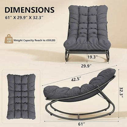GarveeHome Wicker Rocking Chair, Papasan Egg Rocker with Iron Frame & Thick Cushion, Adjustable Rocking Range & Fixed Rope, 450 lbs Capacity Indoor/Outdoor for Porch, Garden, Grey