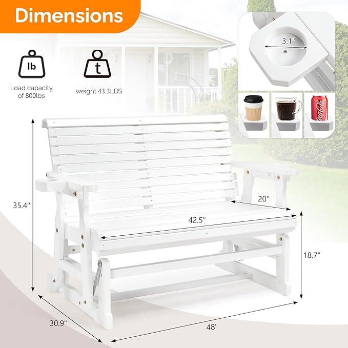 VINGLI Wooden Patio Glider, Heavy Duty 800 LBS Outdoor Glider with Cup Holders - Photo 3