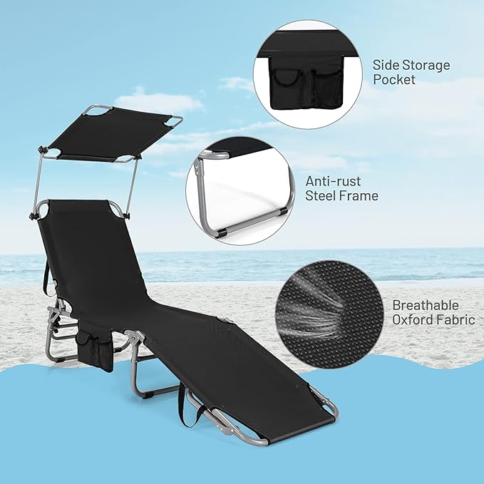 Giantex Outdoor Folding Chaise Lounge, Portable Tanning Chair with 5 Adjustable Positions, 360° Canopy Shade - Photo 8