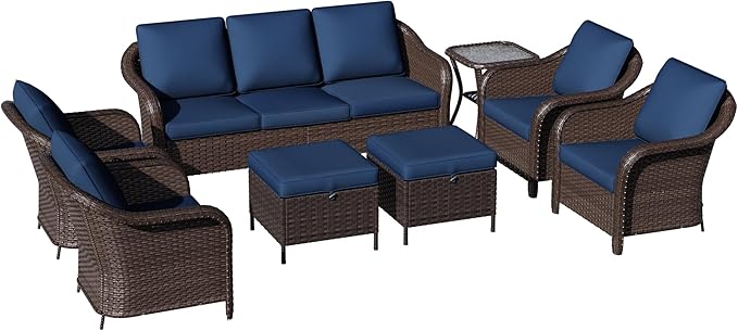 8 Piece Patio Wicker Conversation Set, All-Weather Use Outdoor Wicker Sofa with 2 PE Rattan Ottomans, 4 Chair - Photo 8