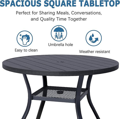 42" Square Patio Dining Table for 4, All-Weather Patio Table with Umbrella Hole, Outdoor Round Dining Table for Lawn Garden Porch, Black