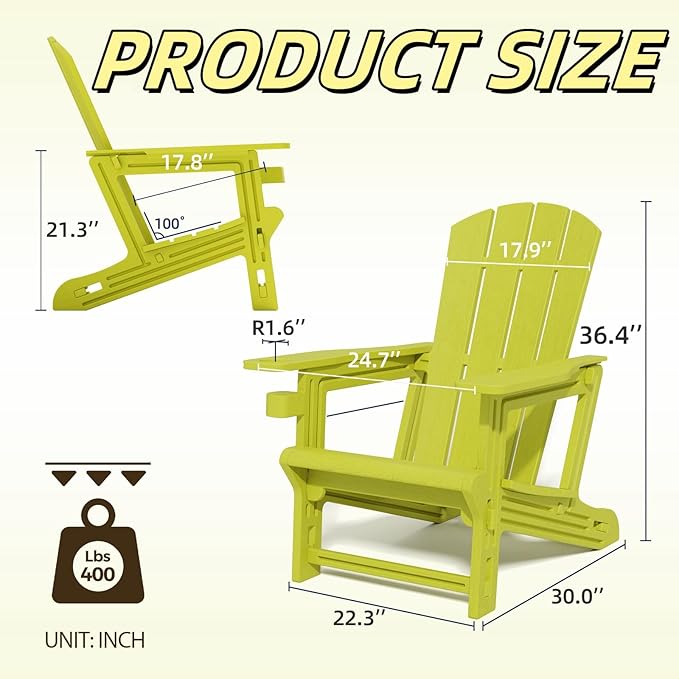 Adirondack Plastic Outdoor Chair, 400 LBS Capacity Recliner Garden Chair, Patio Chair with Cup Holder, Without Screws Install for Backyard Lawn Beach Yellow