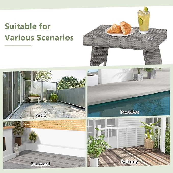 ReunionG Outdoor Patio Wicker Table, Portable Folding Table with Rattan and Steel Frame, Leisure Coffee Table, All Weather Standing Side Table for Lawn Garden, Courtyard, Poolside (Grey)