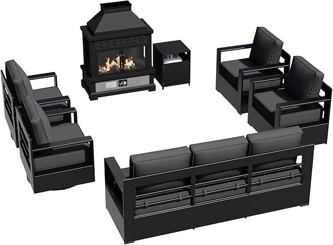 Outdoor Aluminum Furniture Set, 6-Piece Patio Conversation Set, 2 Swivel Chairs, 2 Chairs,1 Sofa and 1 Fireplace, All-Weather Metal Frame, 6" Thick Removable Cushions, Deep Setting for Porch