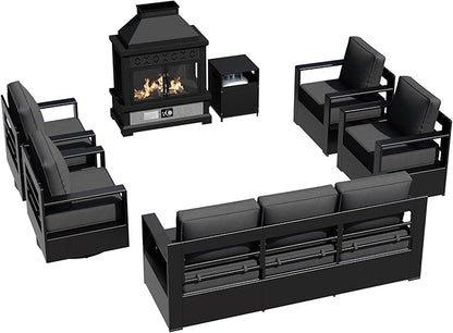 Outdoor Aluminum Furniture Set, 6-Piece Patio Conversation Set, 2 Swivel Chairs, 2 Chairs,1 Sofa and 1 Fireplace, All-Weather Metal Frame, 6" Thick Removable Cushions, Deep Setting for Porch
