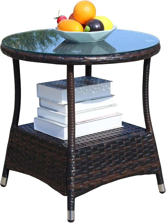 Round Outdoor PE Wicker Side Table with Storage, Patio Rattan End Table Round Glass Top Table for Furniture Gardening Tools