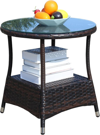 Round Outdoor PE Wicker Side Table with Storage, Patio Rattan End Table Round Glass Top Table for Furniture Gardening Tools