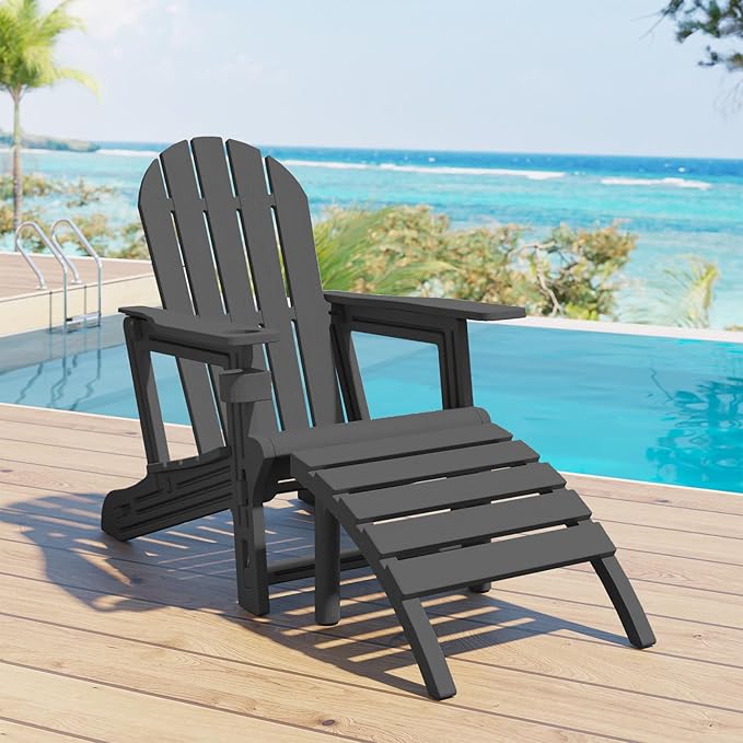 Adirondack Ottoman Tool-Free Assembly, HDPE All Weather Outdoor Foot Rest, Plastic Adirondack Chair Footstool for Patio Deck Backyard Outside(Black)