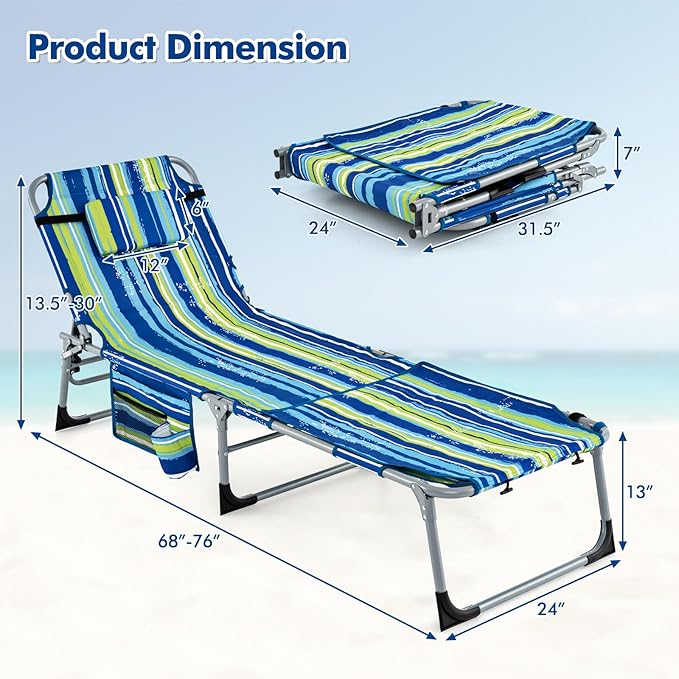 Tangkula Tanning Chair, Outdoor Folding Beach Lounge Chair with Face Hole, Adjustable Footrest, Removable Pillow - Photo 2