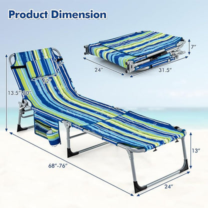 Goplus Tanning Chair, Folding Outdoor Beach Lounge Chair with Face & Arm Hole, Carrying Strap, Pillow, Side Pocket, 5-Position Adjustable Chaise Lounge Chair Sunbathing for Lawn Pool, 330 LBS