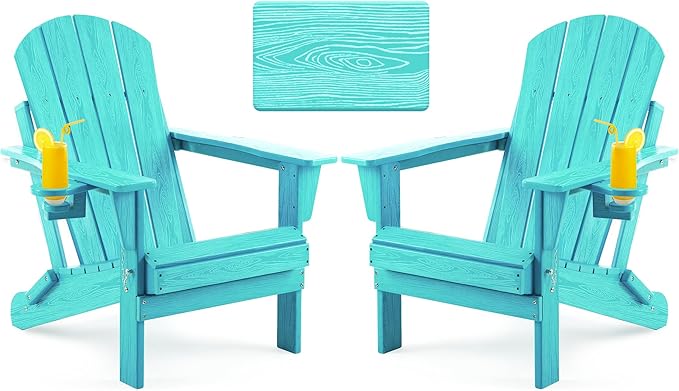Folding Adirondack Chair, Patio Chair Wood Texture, Outdoor Chair Weather Resistant, Fire Pit Chair with Cup Holder, Composite Adirondack Chair Set of 2(Lake Blue)