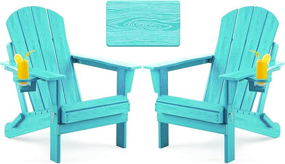 Folding Adirondack Chair, Patio Chair Wood Texture, Outdoor Chair Weather Resistant, Fire Pit Chair with Cup Holder, Composite Adirondack Chair Set of 2(Lake Blue)