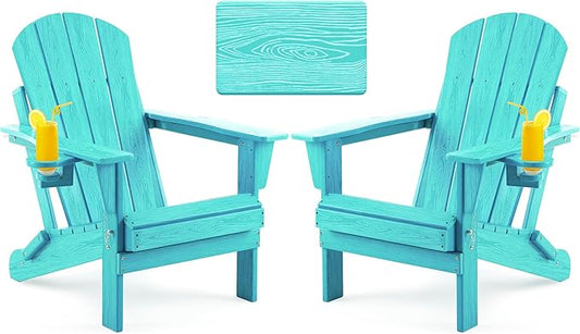Folding Adirondack Chair, Patio Chair Wood Texture, Outdoor Chair Weather Resistant, Fire Pit Chair with Cup Holder, Composite Adirondack Chair Set of 2(Lake Blue)