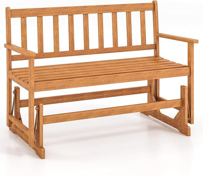 RELAX4LIFE 2-Person Outdoor Glider Bench - Acacia Wood Heavy Duty 800 LBS Double Swing Rocking Chair w/Slatted Seat, Backrest & Armrests, Loveseat Rocker for Porch Garden, 2-Seater Wooden Patio Glider